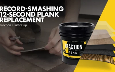 Black and yellow background. A Traction bucket and the separated layers of an InstaGrip plank. Text at the top says "Traction + InstaGrip". Below that is text that says "Record-Smashing 12-Second Floor Plank Replacement With Traction + InstaGrip"