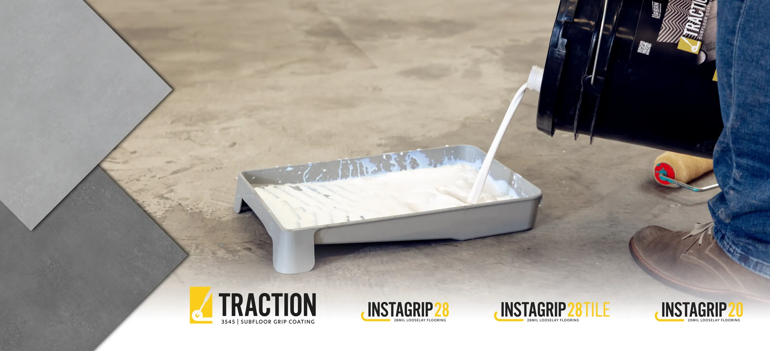 Image of Traction being poured into a pan sitting on a subfloor. InstaGrip 28 Tiles are to the left. Traction and InstaGrip logos are at the bottom.