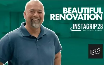 Rick Fox smiling. Text with "Beautiful Renovation" and "InstaGrip 28". Urban Surfaces logo. Green-tinted senior center background.