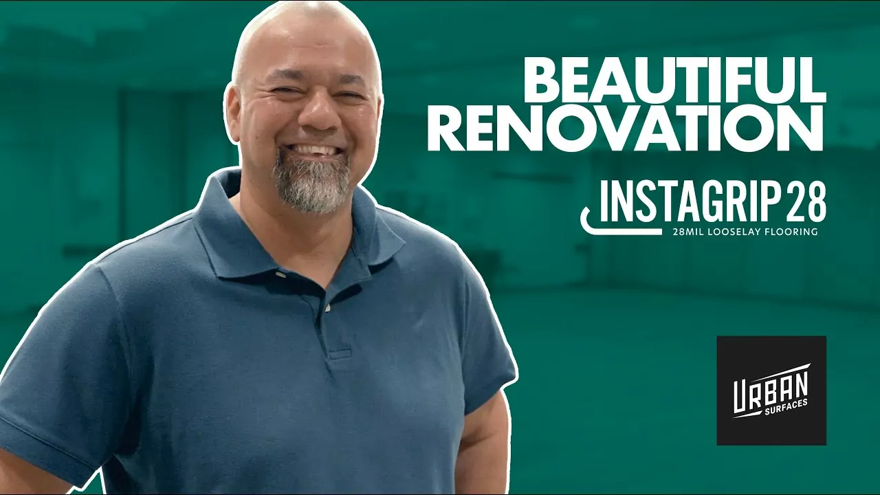 Rick Fox smiling. Text with "Beautiful Renovation" and "InstaGrip 28". Urban Surfaces logo. Green-tinted senior center background.