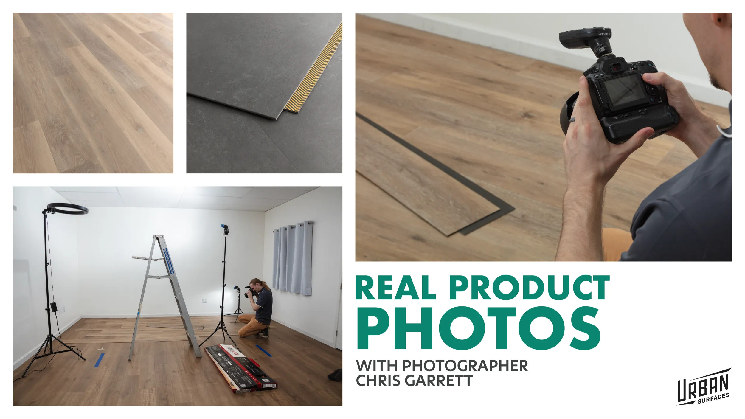 Four images showing different shots of vinyl flooring and photographer, Chris, taking pictures with the text "Real Product Photos With Photographer Chris Garrett"
