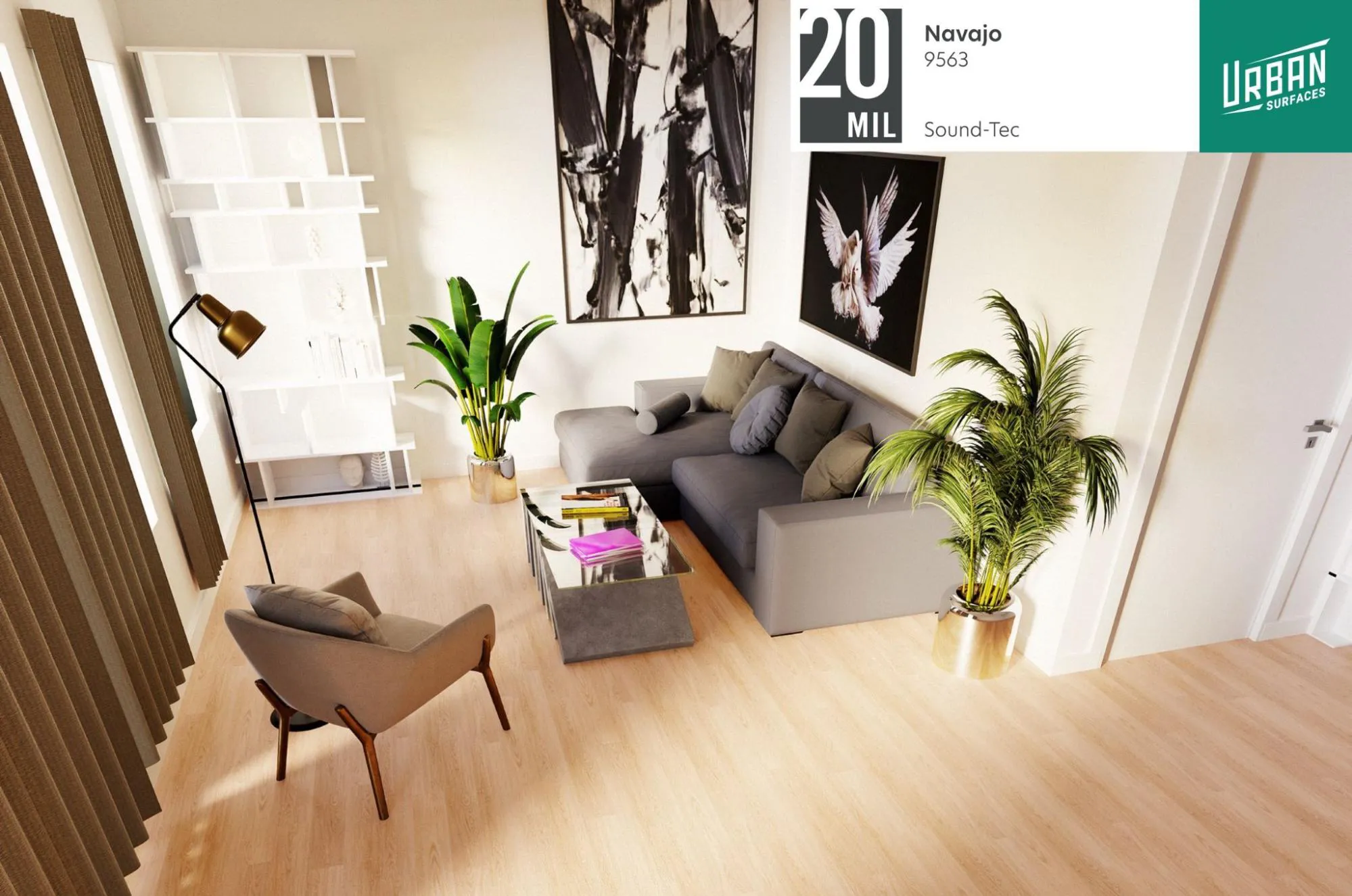 Room scene of Navajo Sound-Tec flooring with chair, table with books, couch, shelves, paintings, and plants. "20 MIL, Navajo 9563, Sound-Tec" text in the top-right corner next to an Urban Surfaces logo.