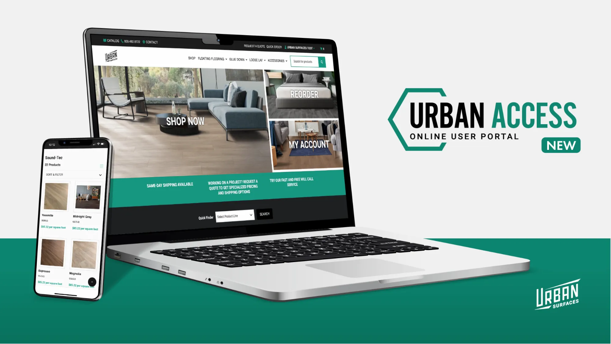 Image of a laptop and phone with the Urban Access website on their screens. Urban Access logo with a "New" badge. Urban Surfaces logo in the bottom-right corner.